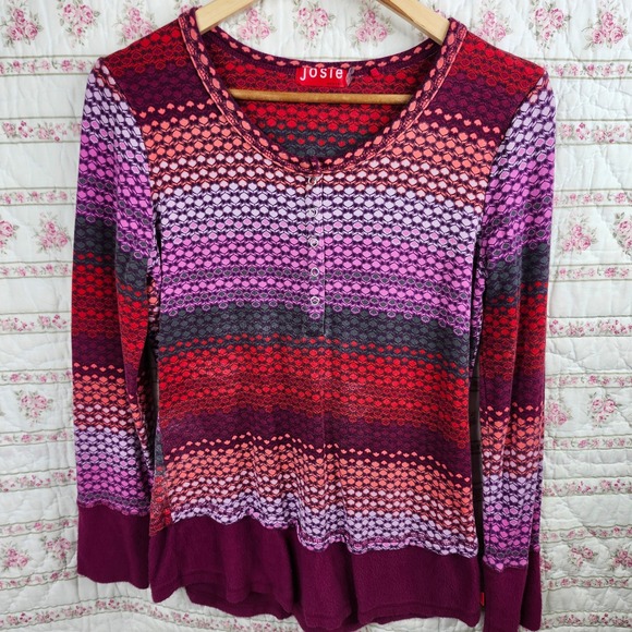 Josie Natori Long Sleeve Knit Top Button Up Colorful‎ Pattern Size M - Picture 1 of 7